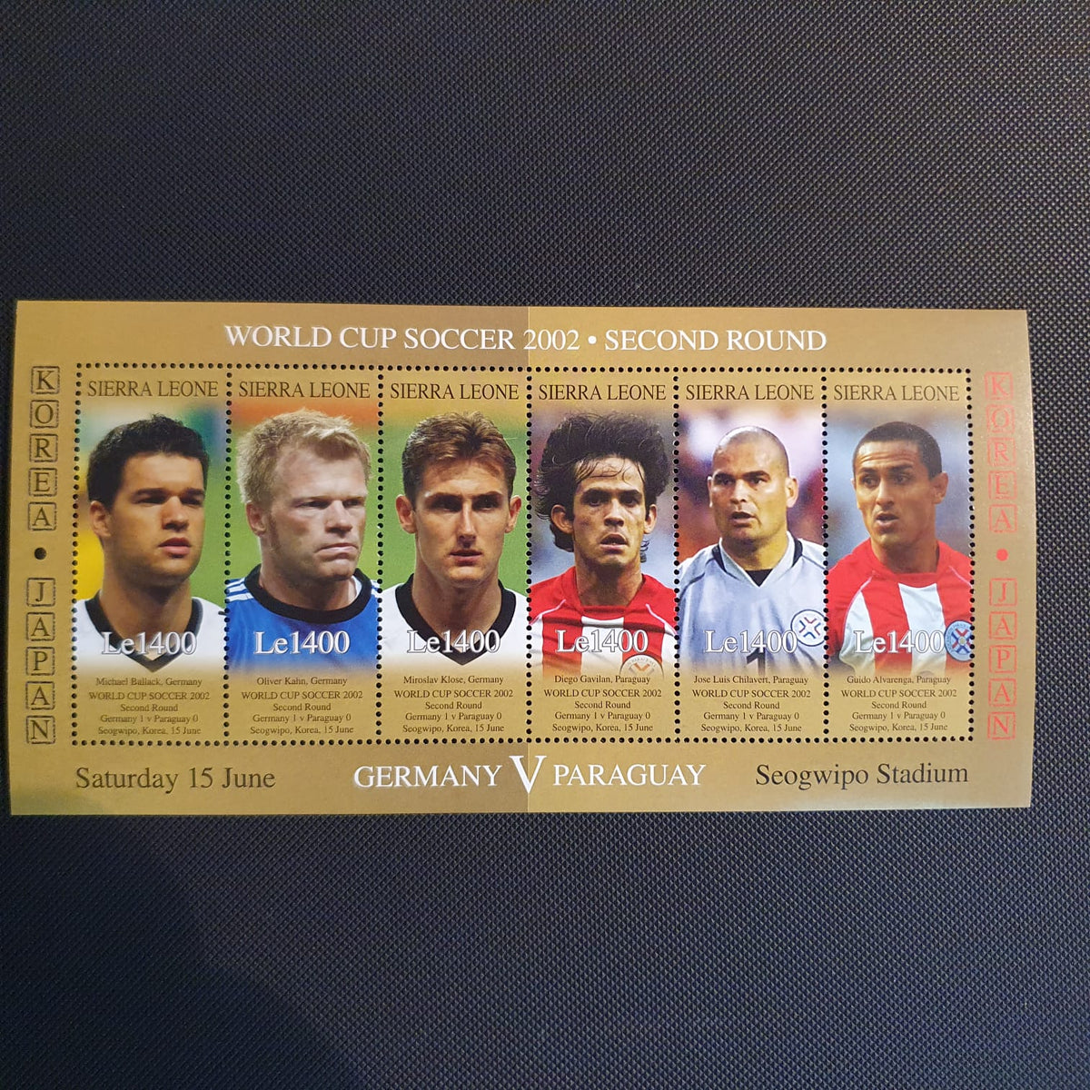 Hoja souvenir Sierra Leone - Alemania vs Paraguay Segunda Ronda Mundial 2002